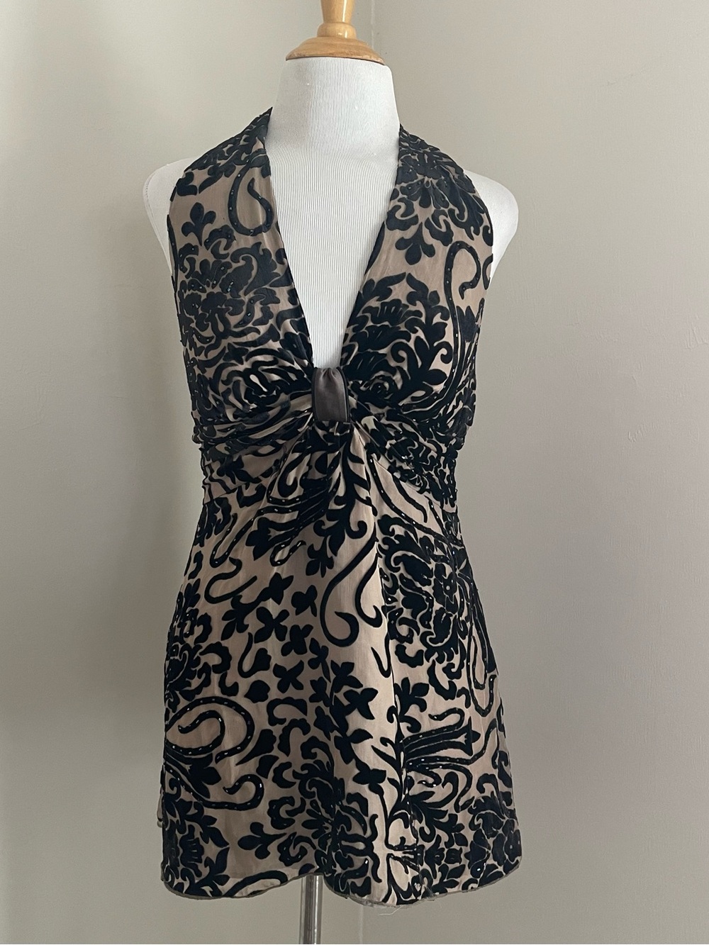 Hale Bob Vintage Y2K Black Velvet Burnout and Silk Floral Halter Top
